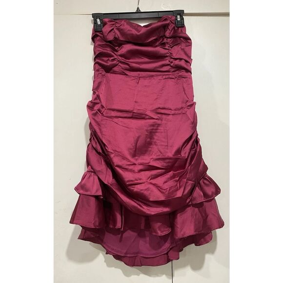 Selfie Leslie Mini Dress Sz XL Plum Strapless Tied Back Layer Frill Hem Ruched - Picture 2 of 16
